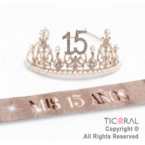 SET VINCHA Y BANDA MIS 15 AOS PERLAS Y STRASS ROSA GOLD (10548G) X 1